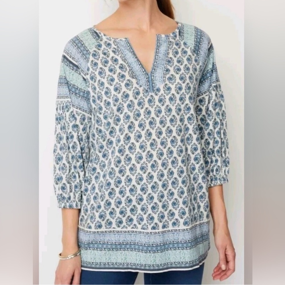 Pure Jill Floral Border Split Neck Blue Tunic Top